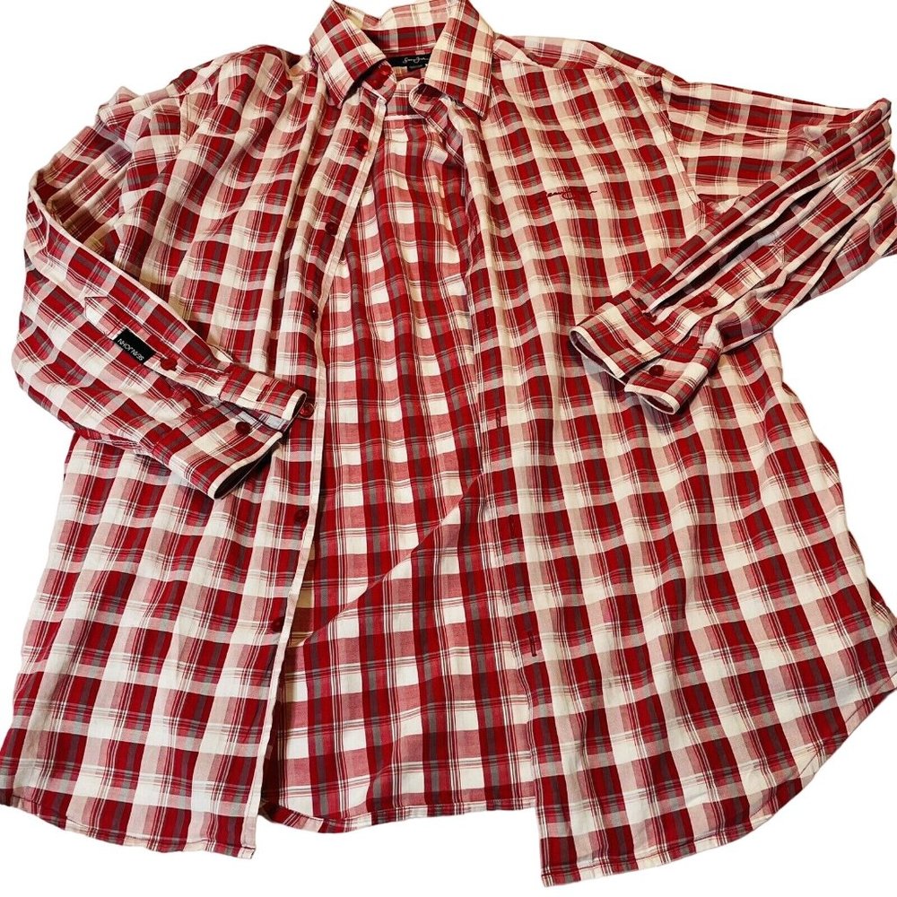 Sean John Shirt Mens Extra Large Red White Plaid Long Sleeve Button Up XL - Picture 3 of 8